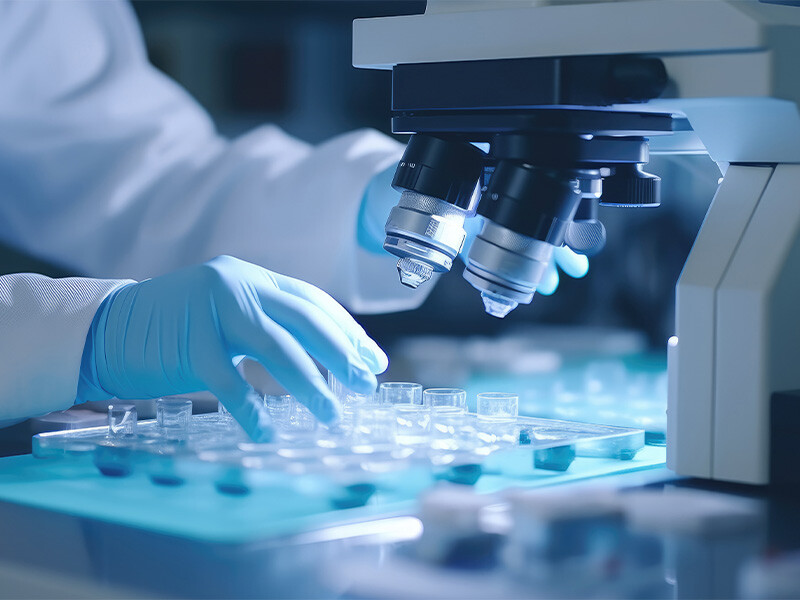 A lab technician makes microscopic bacteriological examination