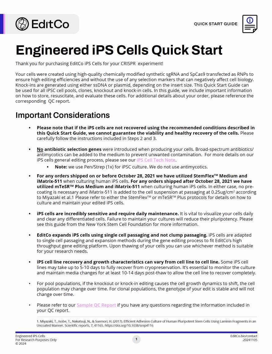 Engineered iPS Cell Quick Start Guide