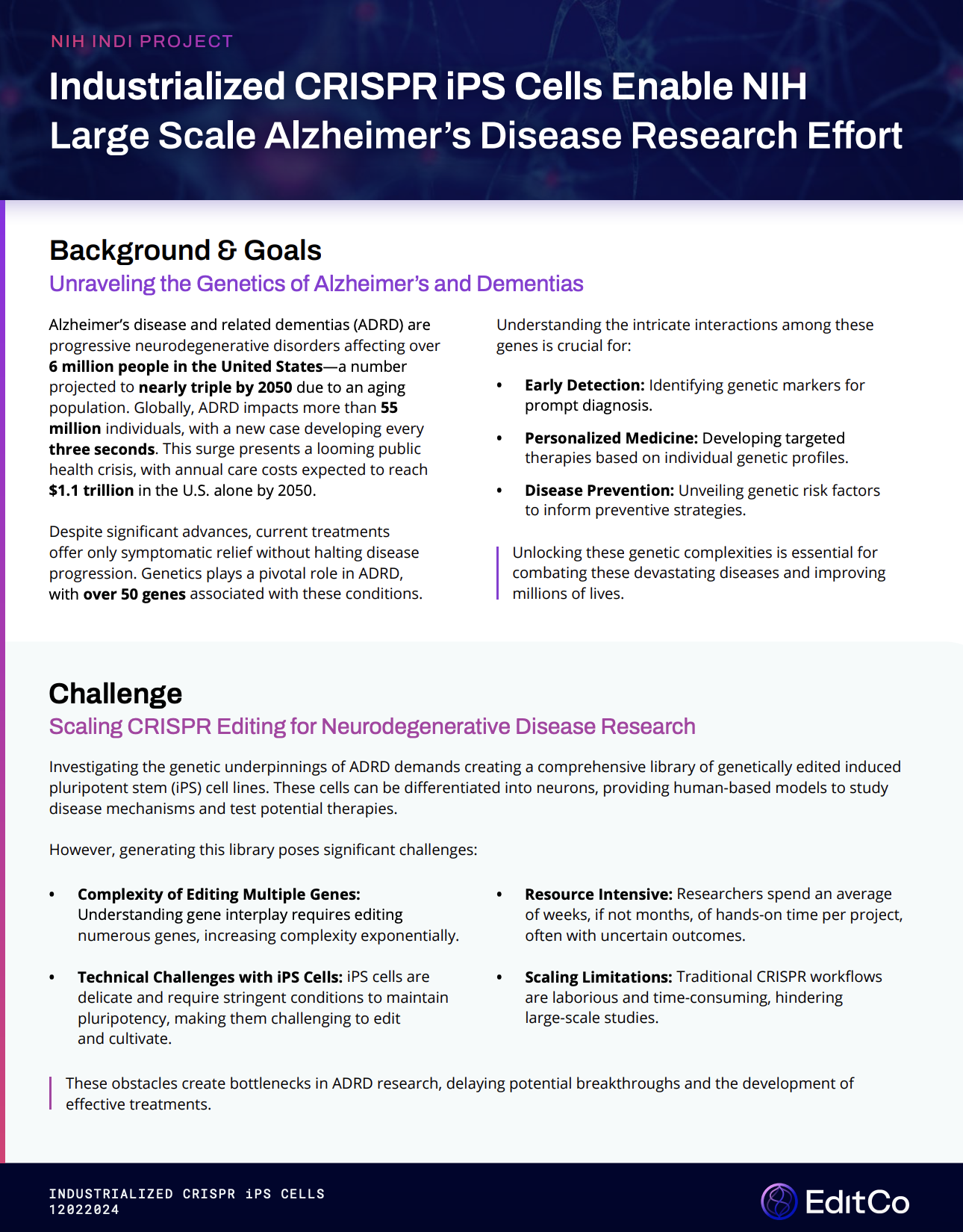 Industrialized CRISPR iPS Cells Enable NIH Large Scale Alzheimer’s Disease Research Effort