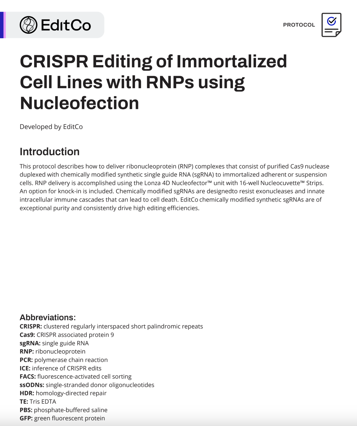 CRISPR Editing of Immortalized Cell Lines with RNPs using Nucleofection