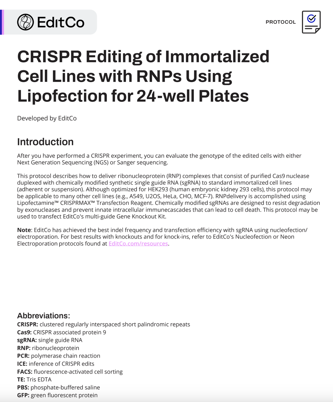 CRISPR Editing of Immortalized Cell Lines with RNPs Using Lipofection for 24-well Plates